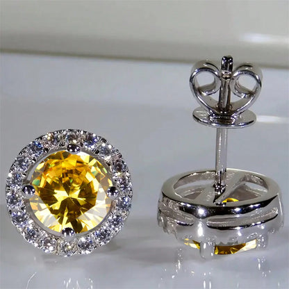 Boucles d'oreilles classiques en pierre ronde à quatre griffes pour femmes, cristal arc-en-ciel, Zircon multicolore, couleur argent, bijoux de fiançailles