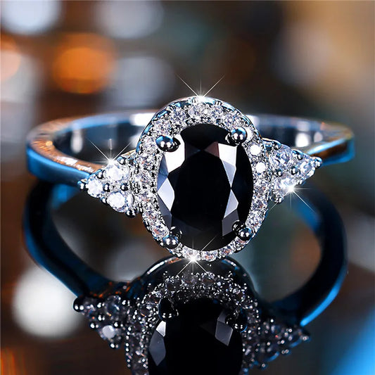 Bague de fiançailles en pierre de Zircon ovale noir pour femme, mignon, tendance, couleur argent, bijoux de mariée, cadeau pour femmes