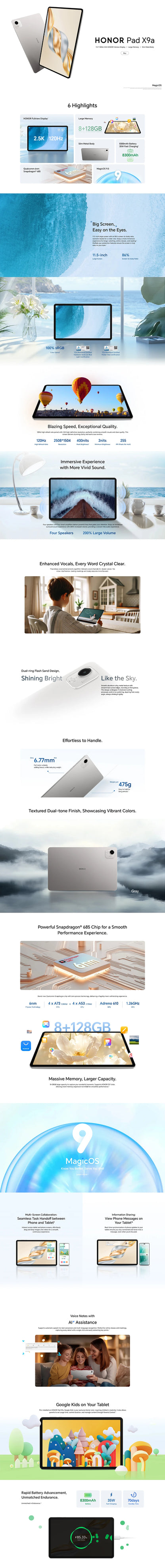 HONOR Pad X9A Version ue 11.5 "120Hz 2.5K écran Fullview Snapdragon 685 mince corps en métal tablette WiFi Android15 8300mAh batterie