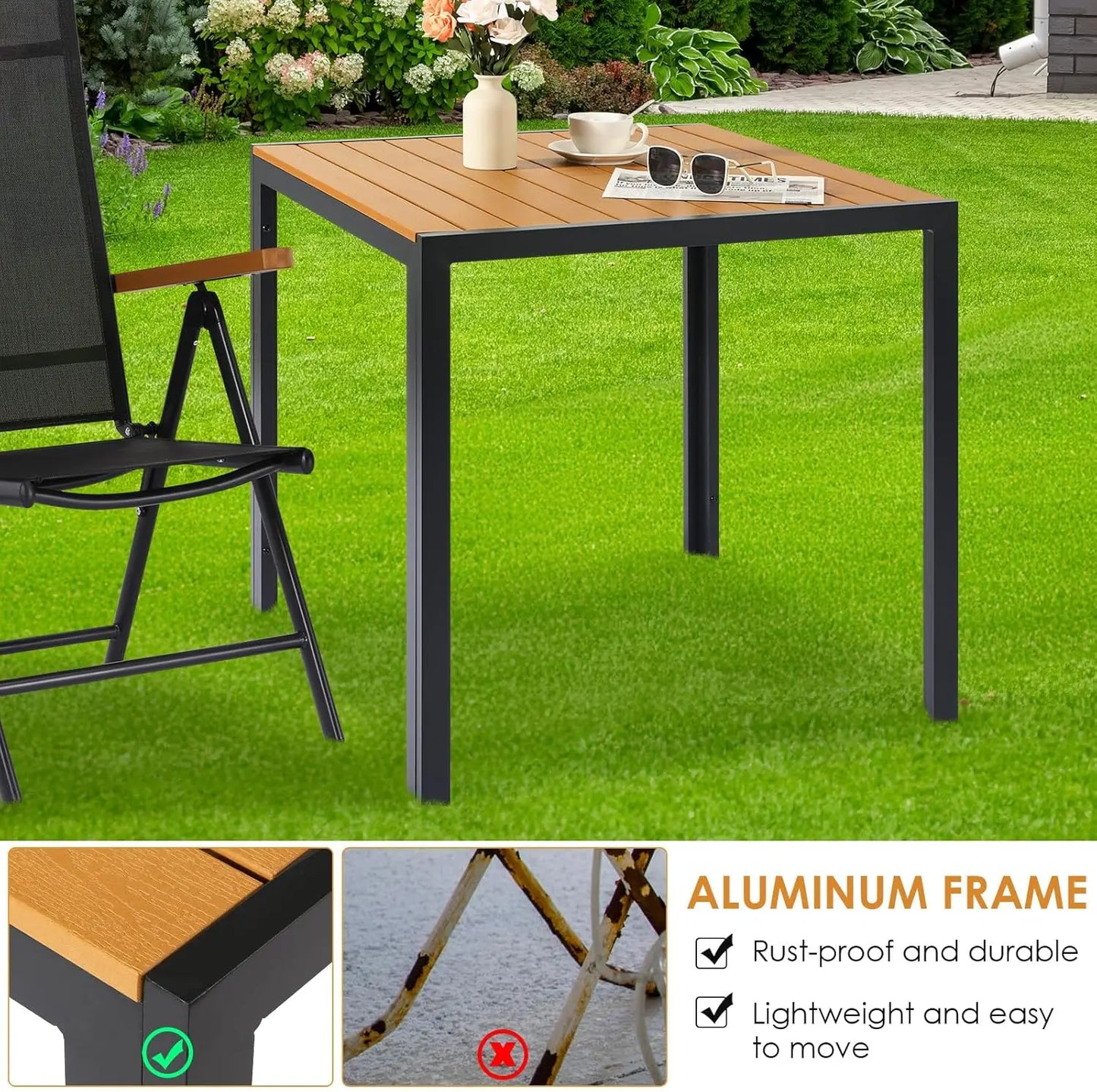 Table de jardin réglable en aluminium avec dossier haut, 2 chaises pliantes, 7 plis, ensemble de sièges de balcon, meubles de jardin, 3 pièces