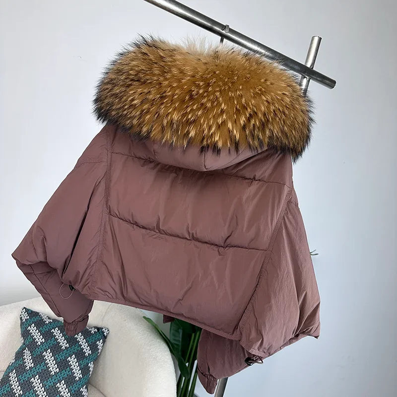 Nouvelle doudoune en duvet pour femmes - Veste d'hiver ample avec col en véritable fourrure de renard et raton laveur - À capuche, épaisse et chaude - Mode streetwear - Extérieur avec parties détachables