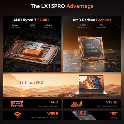 ACEMAGIC ordinateur portable de jeu 15,6" FHD, AMD Ryzen 7 5700U, 16 Go RAM, SSD NVMe 512 Go, Wi-Fi 6, Windows 11, graphiques AMD Radeon, batterie 4800 mAh, parfait pour gaming, travail et divertissement.