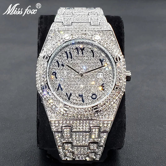 Montres de luxe entièrement en diamant pour hommes, marque Hip Hop glacé avec chiffres arabes, mode en acier, étanche, horloge, livraison directe