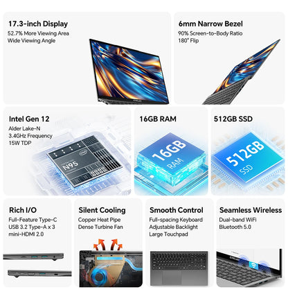 💻 Teclast F17Plus – Ordinateur portable 17.3" IPS, Intel N95, 16GB RAM, 512GB SSD