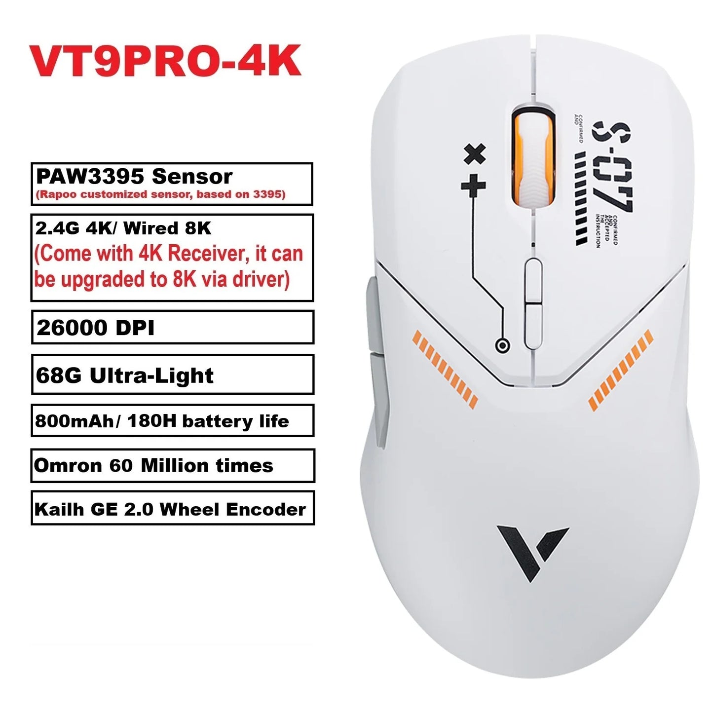 Rapoo VT9PRO – Souris de jeu sans fil légère 68g, 26000 DPI, autonomie 160H