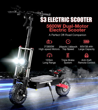 6000W Dual Motor Adult Off-Road S3Electric Scooter 60V-21700 Battery 140KM Range 400kg Max Load Hydraulic Brake 3-5 Day Delivery