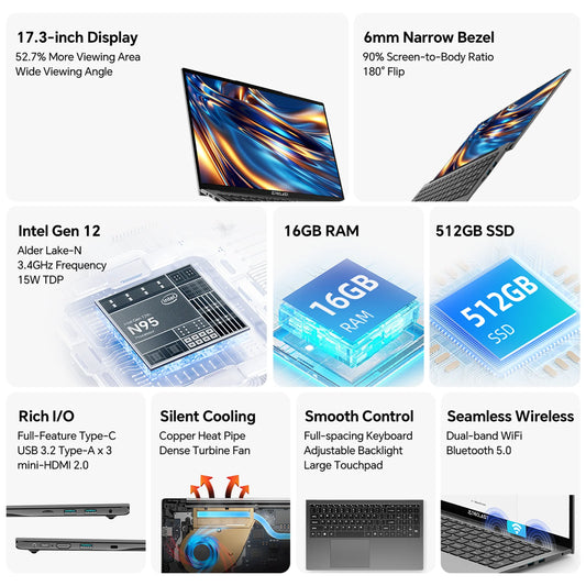 💻 Teclast F17Plus – Ordinateur portable 17.3" IPS, Intel N95, 16GB RAM, 512GB SSD