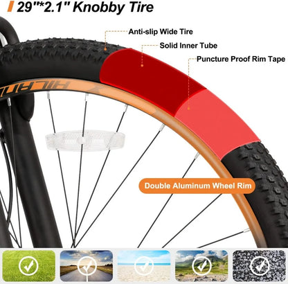29 inch Mens Mountain Bike 17/19 inch Frame Hydraulic Disc-Brake Lock-Out Suspension Fork 16 Speeds Trail Bike