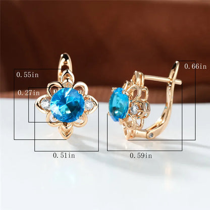 Boucles d'oreilles clip Boho Blue Stone Flower pour femme, document doré, petit cadeau de bijoux de mariage rond