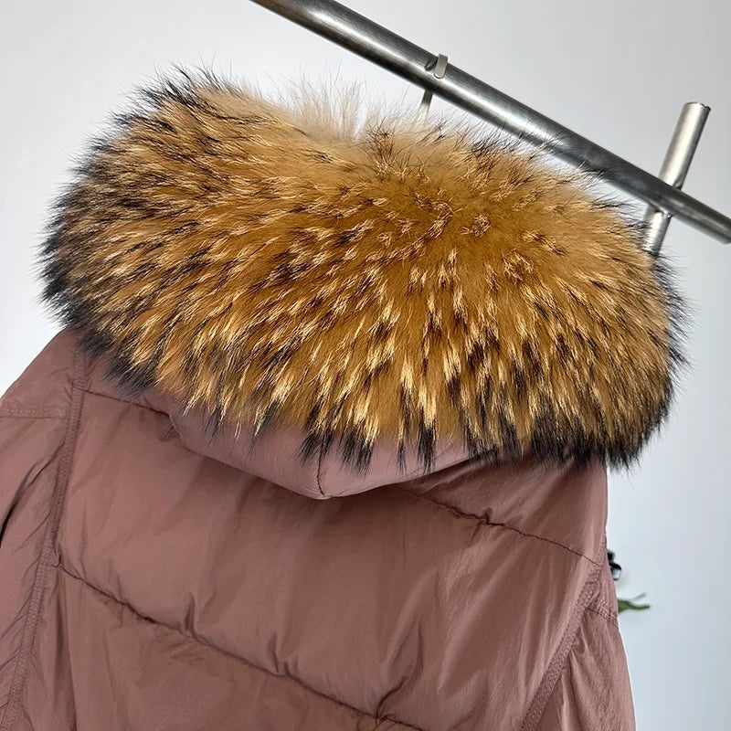 Nouvelle doudoune en duvet pour femmes - Veste d'hiver ample avec col en véritable fourrure de renard et raton laveur - À capuche, épaisse et chaude - Mode streetwear - Extérieur avec parties détachables