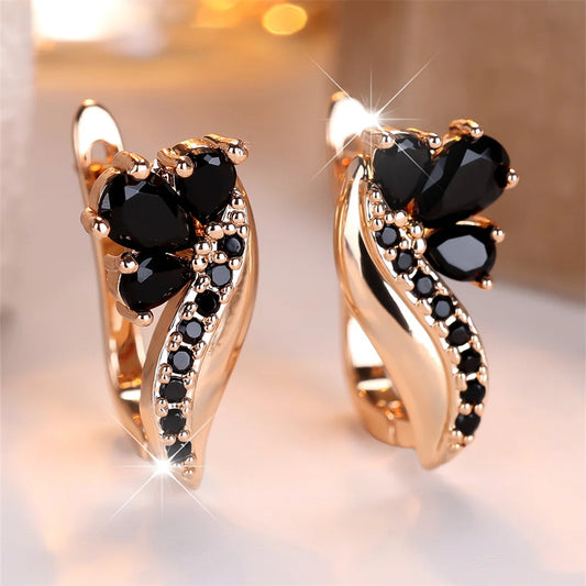 Boucles d'oreilles antiques en cristal noir pour femmes, goutte d'eau, pierre, Vintage, couleur or, petite fleur, boucle d'oreille, bijoux cadeaux de mariage