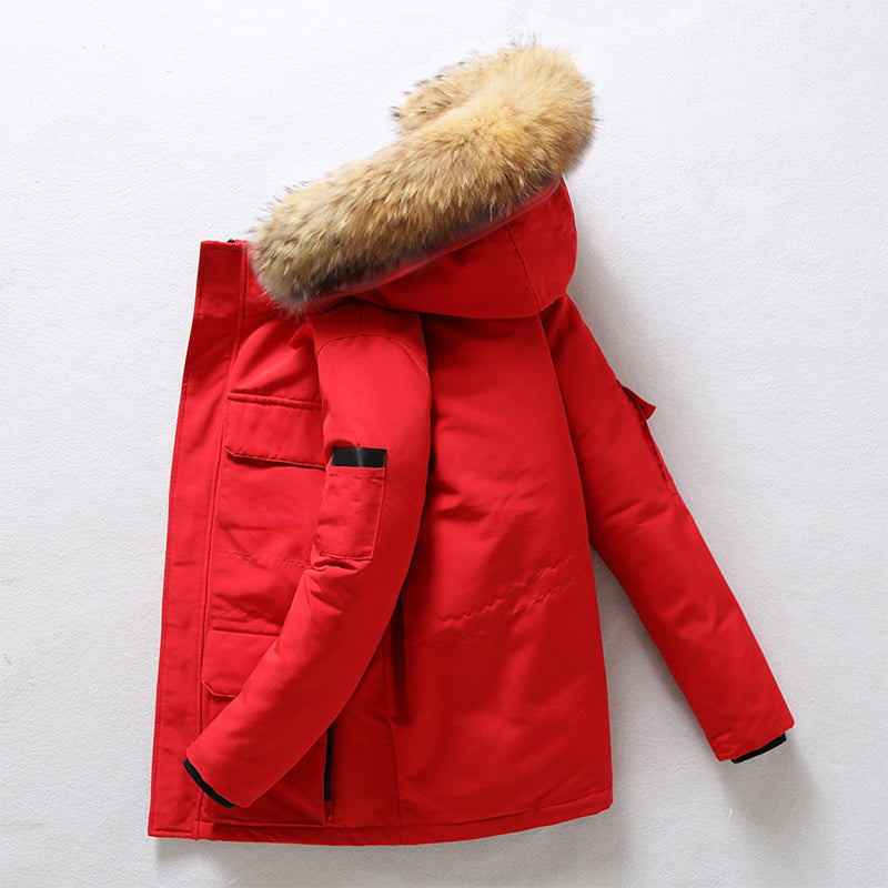 Doudoune de Luxe Homme – Longue, Chaude et Légère, Col en Fourrure Amovible, Hiver