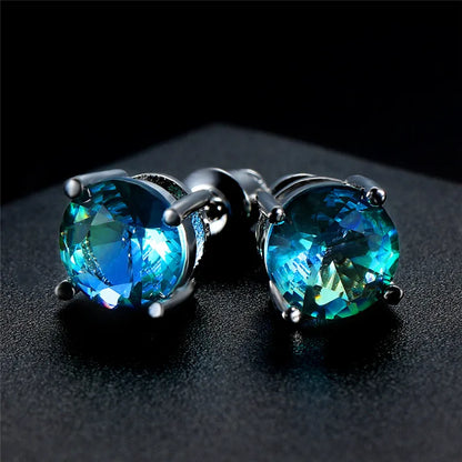 Boucles d'oreilles rondes en cristal rouge vert pour femmes et hommes, bijoux de mariage, arc-en-ciel mystique, feu, bleu, vert, Zircon, Double boucles d'oreilles