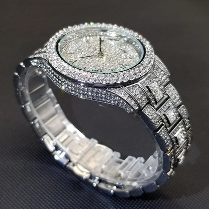TikTok montre-bracelet en diamant pour hommes de luxe plaqué or 18 carats montres à quartz jour Date discothèque montre de fête unisexe rappeur bijoux