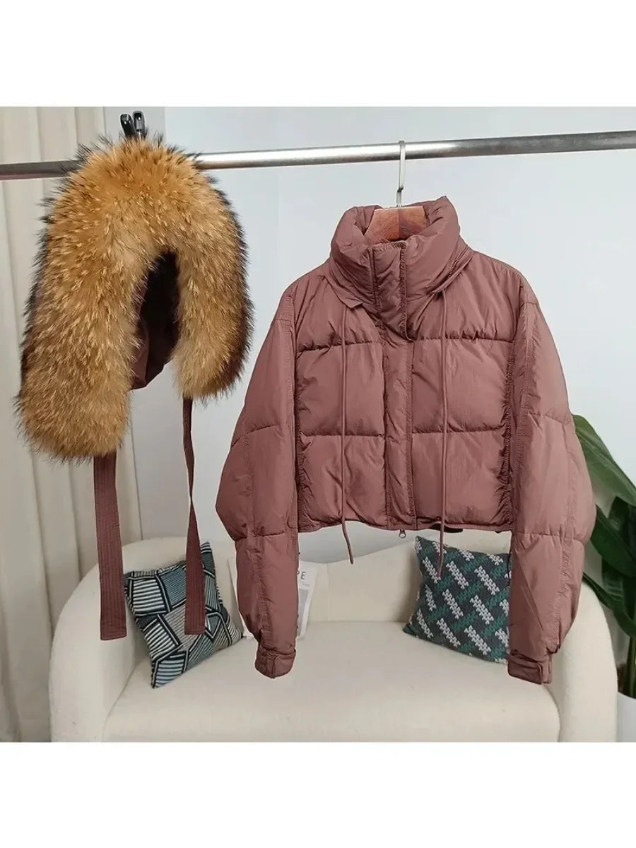 Nouvelle doudoune en duvet pour femmes - Veste d'hiver ample avec col en véritable fourrure de renard et raton laveur - À capuche, épaisse et chaude - Mode streetwear - Extérieur avec parties détachables