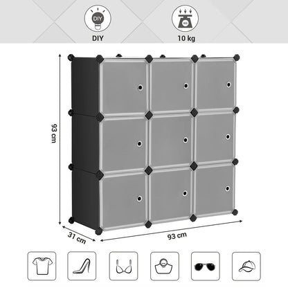 SONGMICS Meuble de Rangement Modulable, 9 Cubes, Étagère en Plastique, avec Portes, pour Vêtements, Chaussures, Livres, Assemblage Facile