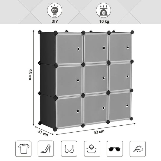 SONGMICS Meuble de Rangement Modulable, 9 Cubes, Étagère en Plastique, avec Portes, pour Vêtements, Chaussures, Livres, Assemblage Facile