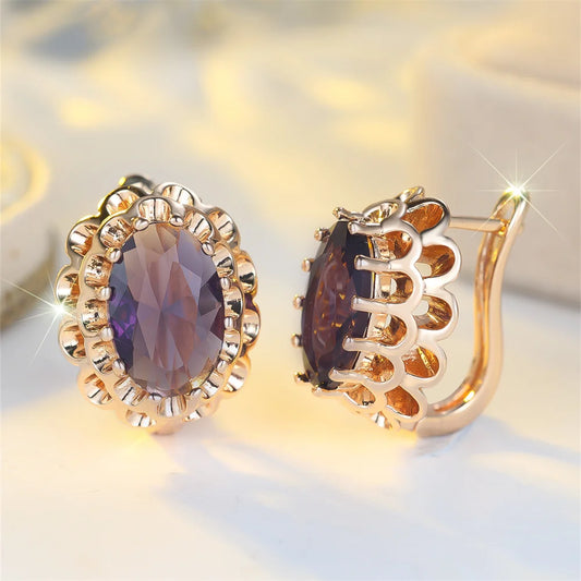 Boucles d'oreilles ovales en Zircon violet pour femmes, jolies fleurs, Vintage, couleur or, boucle d'oreille, bijoux de mariage, cadeaux polyvalents