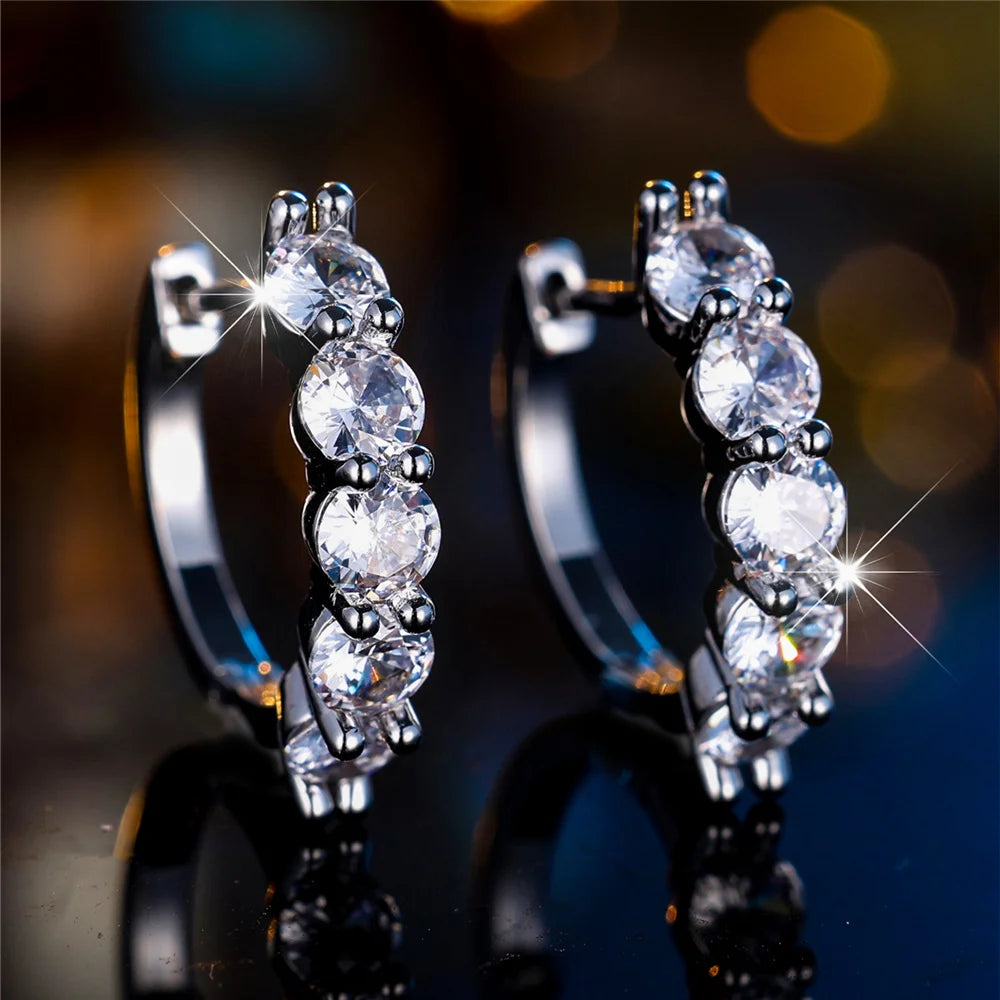 Boucles d'oreilles créoles rondes en cristal blanc pour femmes, bijoux de mariage, document argenté, mode féminine