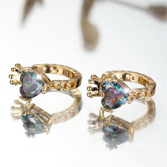 Boucles d'oreilles couronne en Zircon multicolore pour femmes, pierre de cœur d'amour, Vintage, couleur or, petite boucle d'oreille, bijoux de mariage, cadeaux de fête