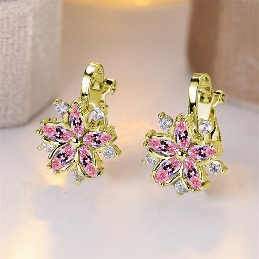 Boucles d'oreilles à Clip en cristal arc-en-ciel Sakura pour femmes, en Zircon multicolore, étoile, fleur, Vintage, couleur or argent, bijoux de mariage