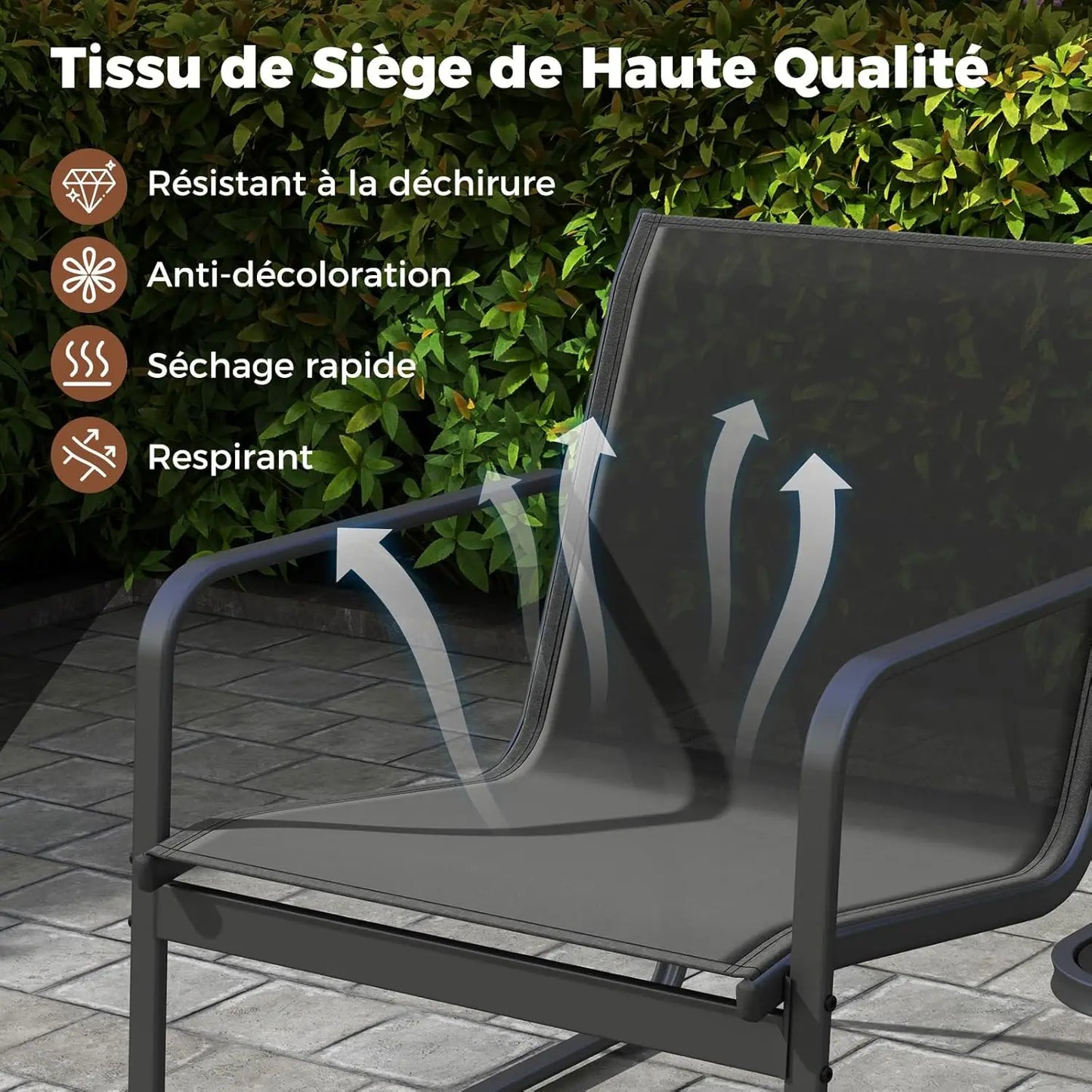 Ensemble de meubles de jardin pour 2 personnes, 3 tables basses avec 2 fauteuils de jardin, salon bistro avec structure en métal, pour jardin, balcon
