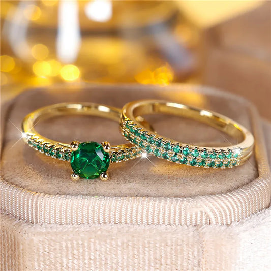 Ensemble de bagues de fiançailles rondes en pierre de Zircon vert cristal pour femmes, bijoux de mariage de luxe couleur or jaune pour femmes