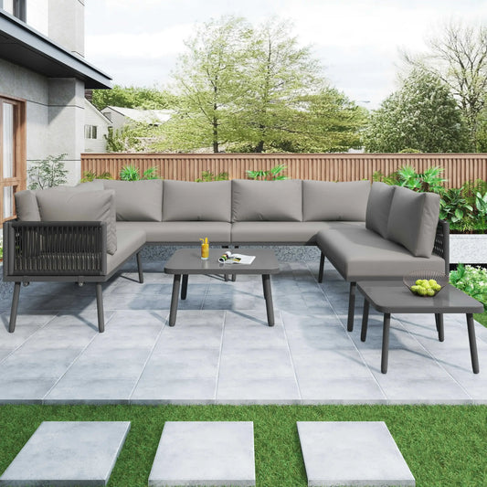 Canapé d'angle extérieur résistant aux intempéries, mobilier de patio extérieur, dormez 8, avec 2 tables et 4 sièges d'amour, coussins inclus