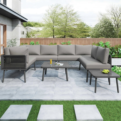 Canapé d'angle extérieur résistant aux intempéries, mobilier de patio extérieur, dormez 8, avec 2 tables et 4 sièges d'amour, coussins inclus