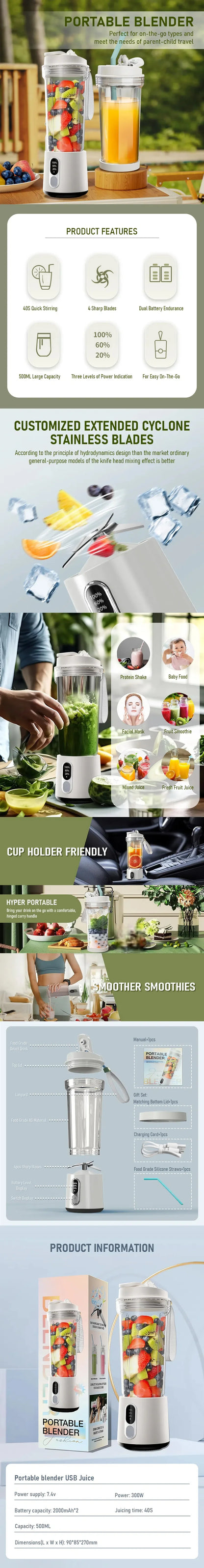 Nouveau presse-agrumes Portable double usage tasse de jus USB 4000mAh batterie intérieur extérieur mélangeur de fruits 4 lames Smoothie bouteille de jus tasse mélangeur