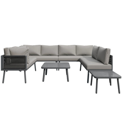 Canapé d'angle extérieur résistant aux intempéries, mobilier de patio extérieur, dormez 8, avec 2 tables et 4 sièges d'amour, coussins inclus