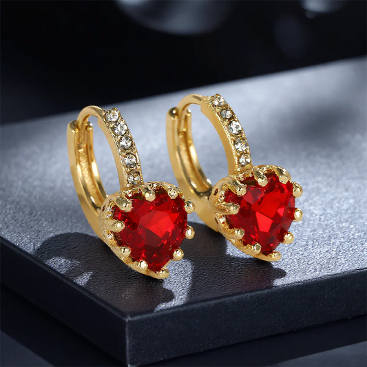 Boucles d'oreilles en cristal rouge Zircon pour femmes, cerceau en pierre de cœur d'amour, Vintage, couleur or, boucle d'oreille, bijoux de fête de mariage, cadeaux polyvalents