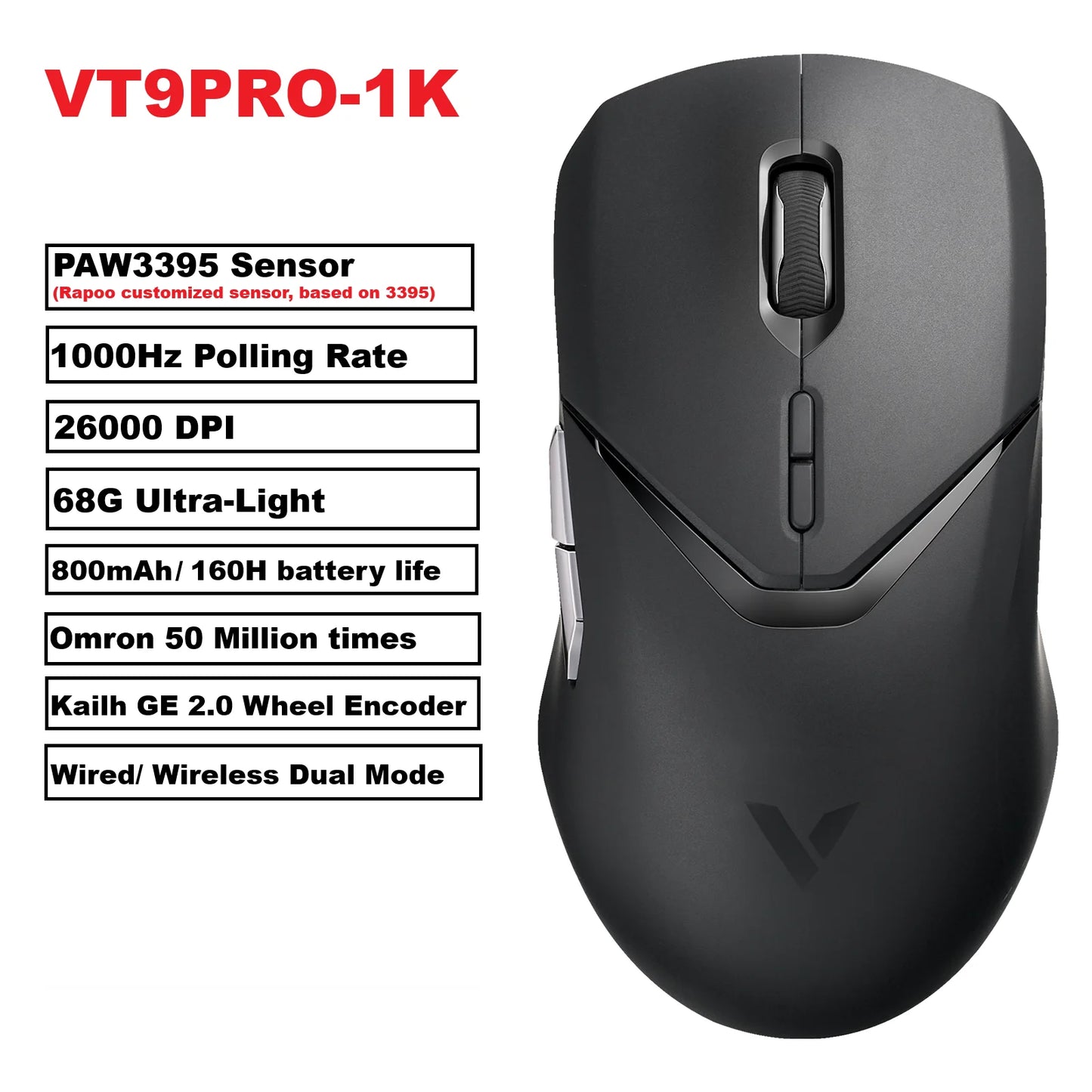Rapoo VT9PRO – Souris de jeu sans fil légère 68g, 26000 DPI, autonomie 160H
