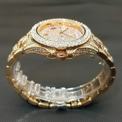 TikTok montre-bracelet en diamant pour hommes de luxe plaqué or 18 carats montres à quartz jour Date discothèque montre de fête unisexe rappeur bijoux