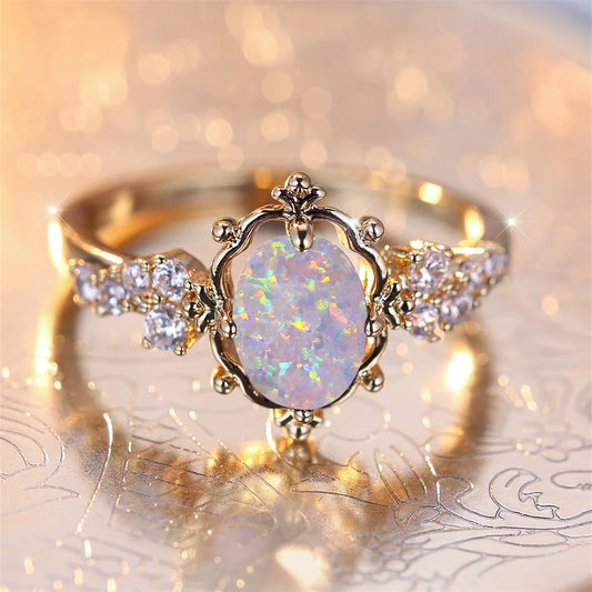 Bagues ovales en pierre de opale de feu blanche pour femmes, Vintage, couleur or, bague de mariage, pierre de naissance, bijoux, cadeau de fiançailles