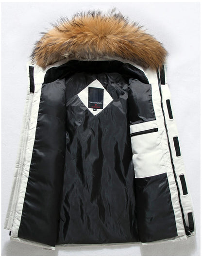 Doudoune de Luxe Homme – Longue, Chaude et Légère, Col en Fourrure Amovible, Hiver