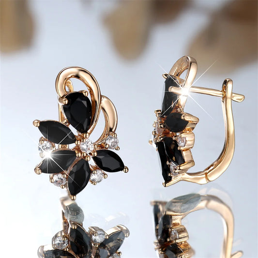Boucles d'oreilles Vintage en cristal noir pour femmes, pierre de Marquise, fleur, tendance, couleur or, boucle d'oreille, bijoux de mariage, cadeaux polyvalents