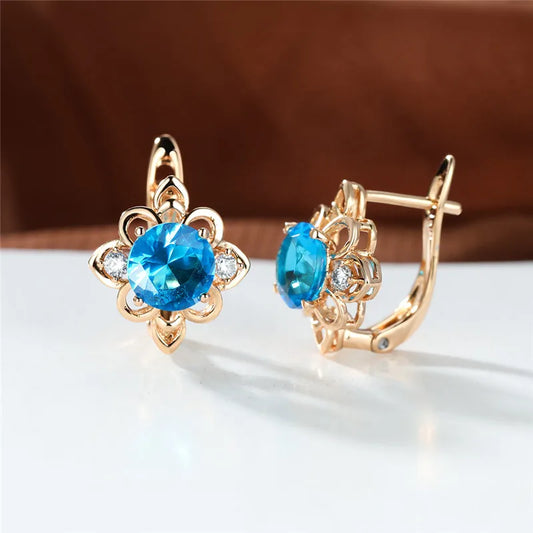 Boucles d'oreilles clip Boho Blue Stone Flower pour femme, document doré, petit cadeau de bijoux de mariage rond