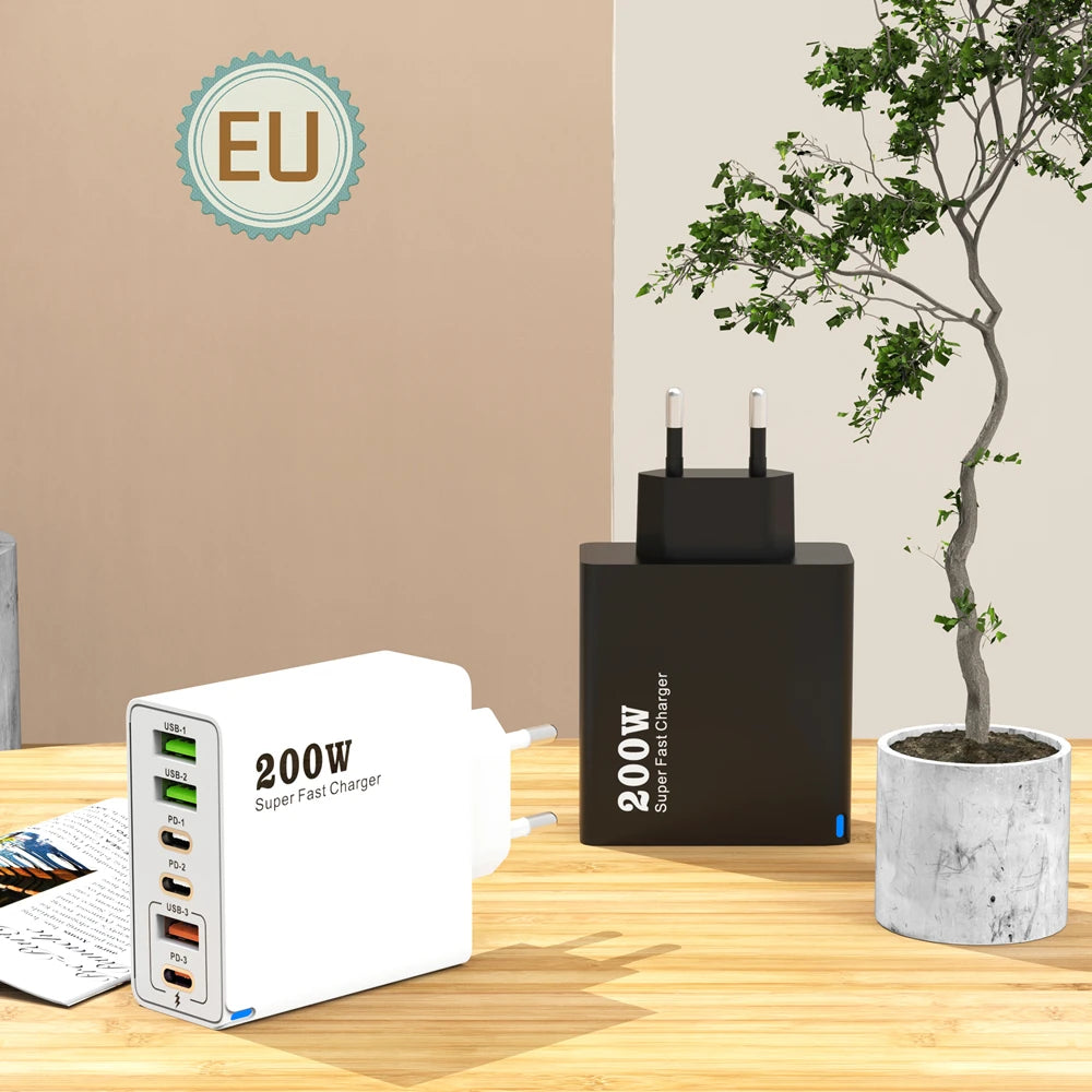 Xiaomi 200W charge Super rapide 6 ports USB C chargeur PD3.0 USB C Type C chargeur de téléphone portable pour iPhone 16 Samsung Xiaomi ipad