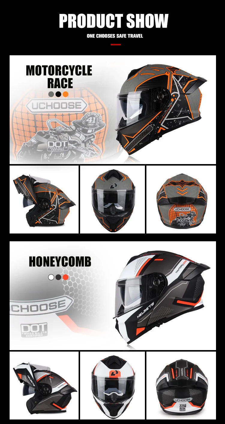 Uchoose-d'expériences intégraux approuvés DOT pour hommes et femmes, équipement de protection contre les collisions, casque rabattable pour moto, double pare-soleil