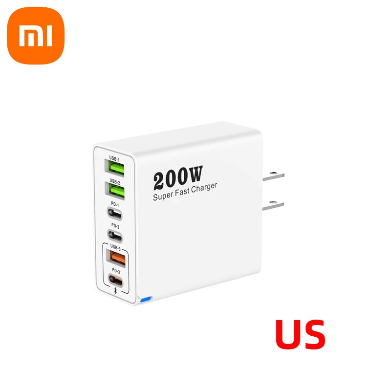 Xiaomi 200W charge Super rapide 6 ports USB C chargeur PD3.0 USB C Type C chargeur de téléphone portable pour iPhone 16 Samsung Xiaomi ipad
