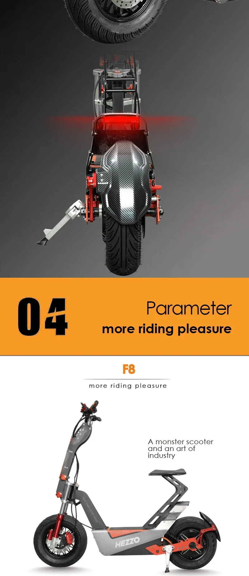HEZZO F8 Scooter électrique 16 pouces pliable 72v 8000W 62.5MPH 50Ah longue portée hors route Escooter moto avec siège entrepôt américain