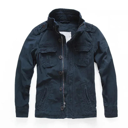 Veste militaire homme en denim – Col roulé, poches pratiques, printemps/automne