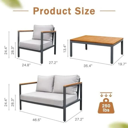 Ensemble de Conversation de salon de Patio, meubles 4 pièces, accoudoir et plateau de Table en bois massif, coussin imperméable épais Anti-chute, Beige