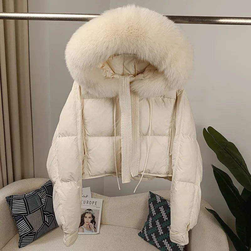 Nouvelle doudoune en duvet pour femmes - Veste d'hiver ample avec col en véritable fourrure de renard et raton laveur - À capuche, épaisse et chaude - Mode streetwear - Extérieur avec parties détachables