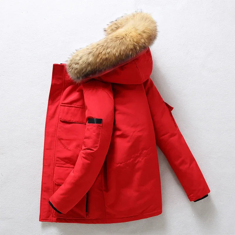 Doudoune de Luxe Homme – Longue, Chaude et Légère, Col en Fourrure Amovible, Hiver