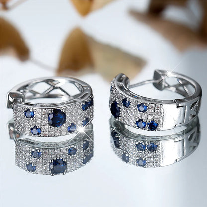 Boucles d'oreilles rondes en pierre de Zircon blanc et bleu pour femmes, bijoux de mariage couleur or à la mode