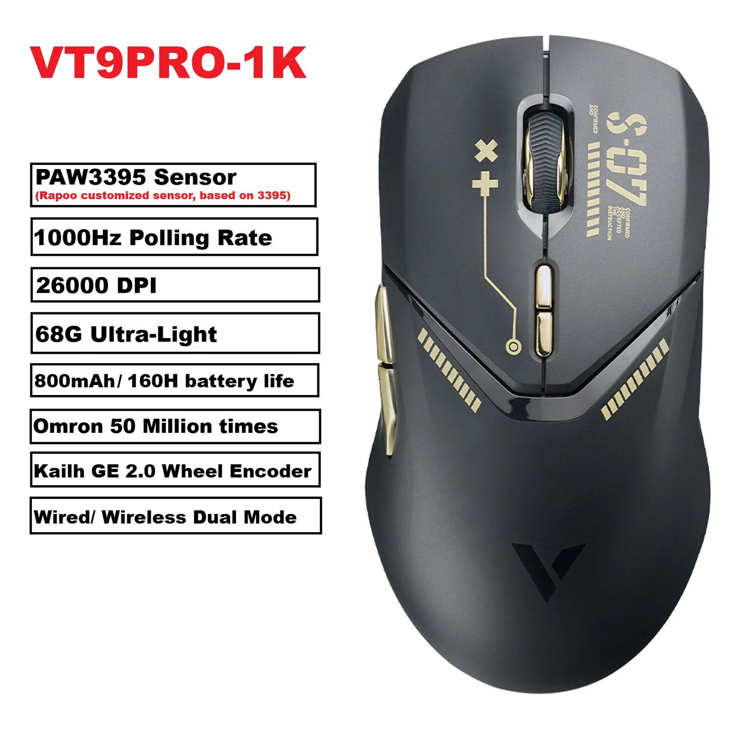 Rapoo VT9PRO – Souris de jeu sans fil légère 68g, 26000 DPI, autonomie 160H