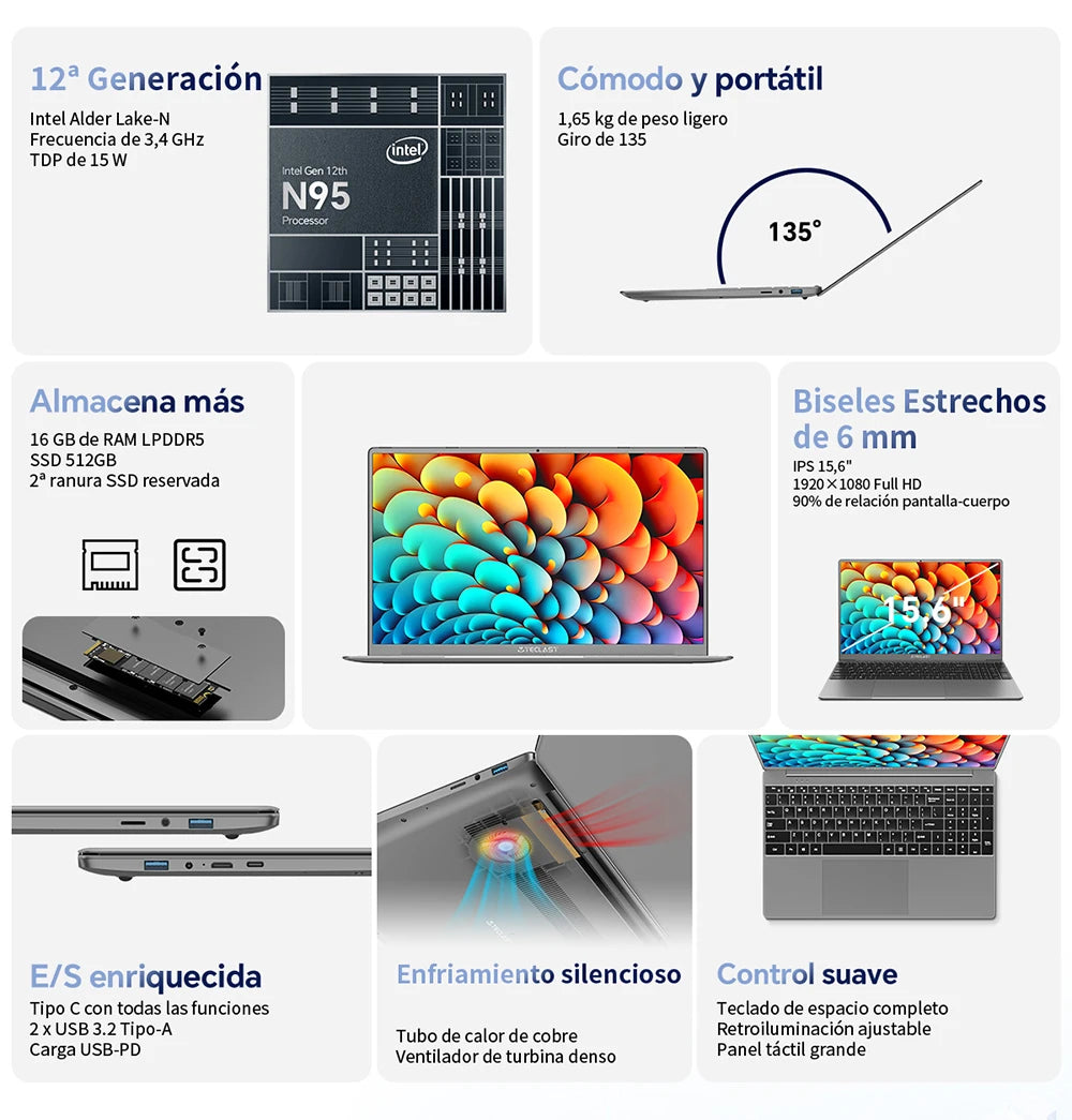 【Nouveau】 Ordinateur portable Teclast F16Pro 15,6" 1920X1080, 12 Go / 16 Go de Ram, 256 Go / 512 Go Rom, clavier rétroéclairé, pour Intel N95, Mini-Hdmi