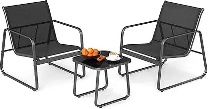 Ensemble de meubles de jardin pour 2 personnes, 3 tables basses avec 2 fauteuils de jardin, salon bistro avec structure en métal, pour jardin, balcon